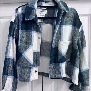 For The Republic Blue and White Plaid Utility Jacket